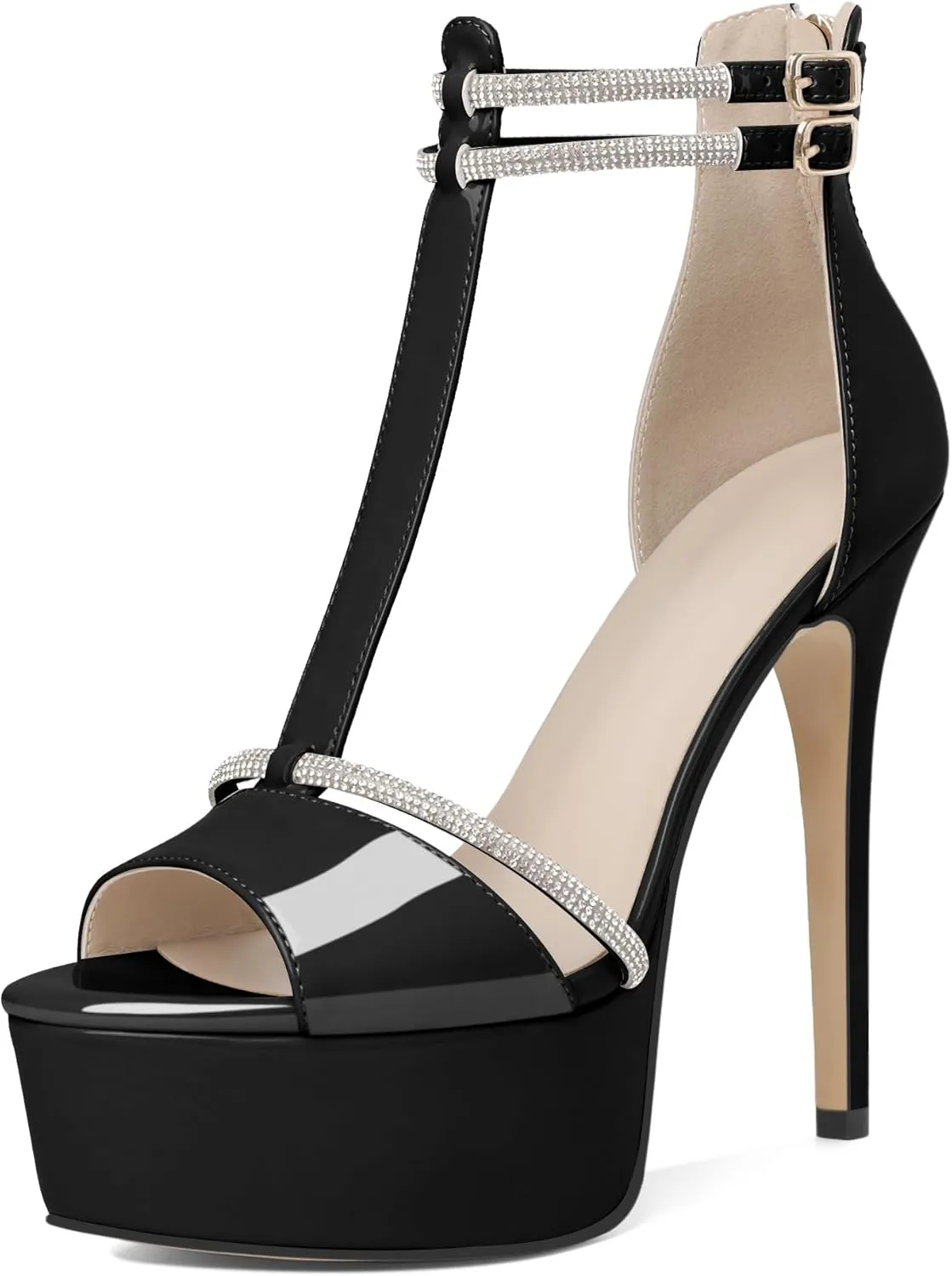 Joseywade Platform Heels for Women Peep Toe T-Strap High Heel Pumps Stiletto Sky Thin Rhinestone Ankle Strap Heeled Sandals 5.5 Inches Dress Shoes