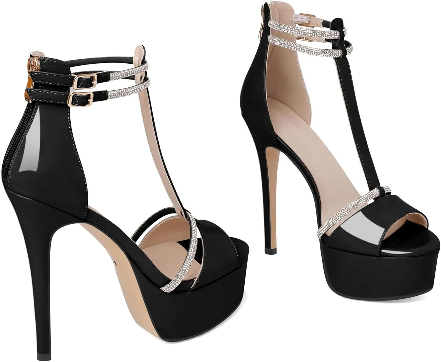 Joseywade Platform Heels for Women Peep Toe T-Strap High Heel Pumps Stiletto Sky Thin Rhinestone Ankle Strap Heeled Sandals 5.5 Inches Dress Shoes