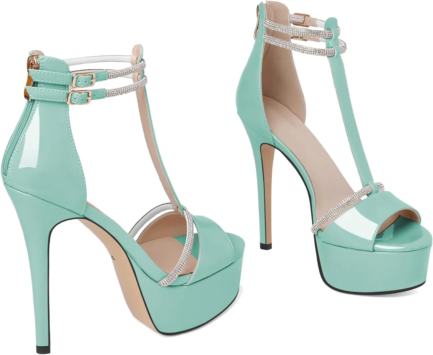 Joseywade Platform Heels for Women Peep Toe T-Strap High Heel Pumps Stiletto Sky Thin Rhinestone Ankle Strap Heeled Sandals 5.5 Inches Dress Shoes