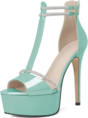Joseywade Platform Heels for Women Peep Toe T-Strap High Heel Pumps Stiletto Sky Thin Rhinestone Ankle Strap Heeled Sandals 5.5 Inches Dress Shoes