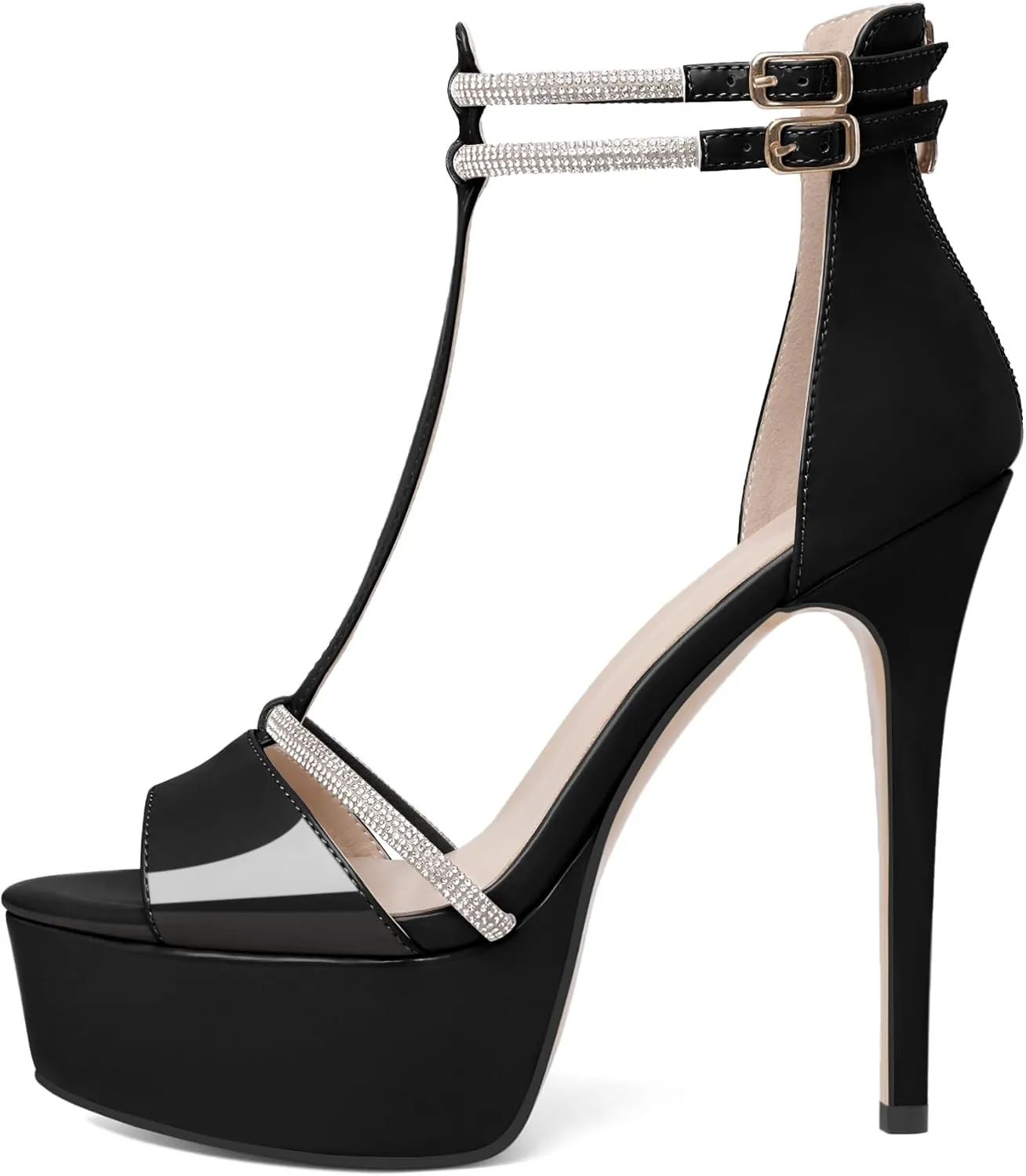 Joseywade Platform Heels for Women Peep Toe T-Strap High Heel Pumps Stiletto Sky Thin Rhinestone Ankle Strap Heeled Sandals 5.5 Inches Dress Shoes