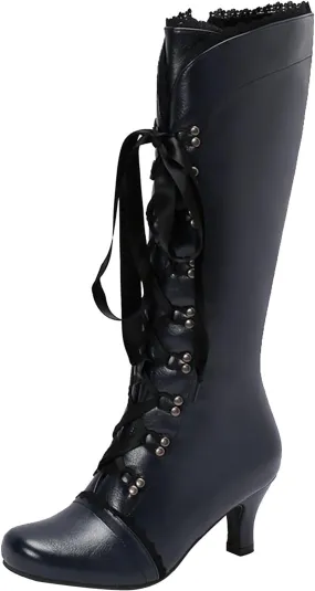 Knee High Boots for Women Gothic Victorian Boots Low Kitten Heel Mid Calf Boots Lace Up Cute Bow Boots for Ladies