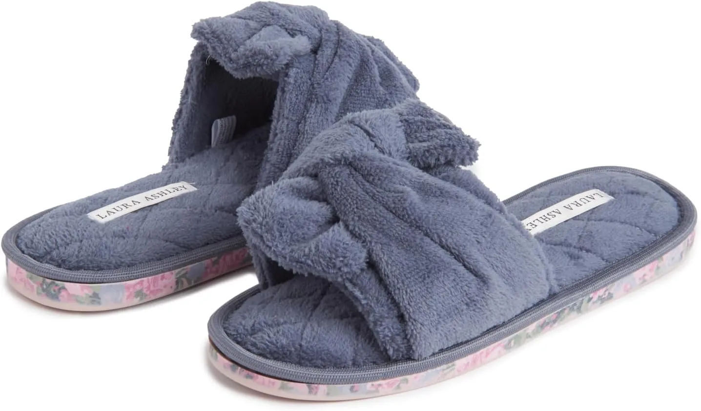 Laura Ashley Ladies Open Toe Spa Slippers with Bow and Memory Foam Insole