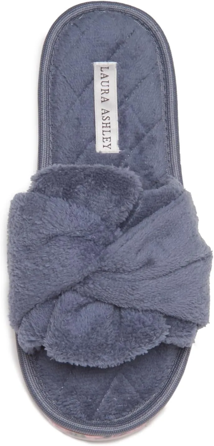 Laura Ashley Ladies Open Toe Spa Slippers with Bow and Memory Foam Insole