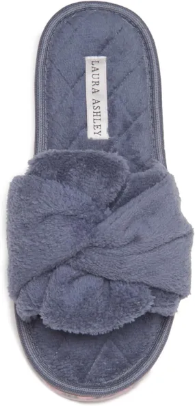 Laura Ashley Ladies Open Toe Spa Slippers with Bow and Memory Foam Insole