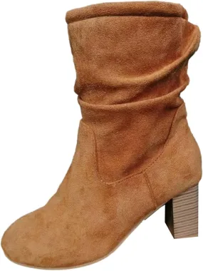 Mid Calf Boots for Women Chunky Heel Fashion Round Toe Slip on Sude Block High Heel Boots Solid Casual Comfy Ladies Stacked Heel Shoes