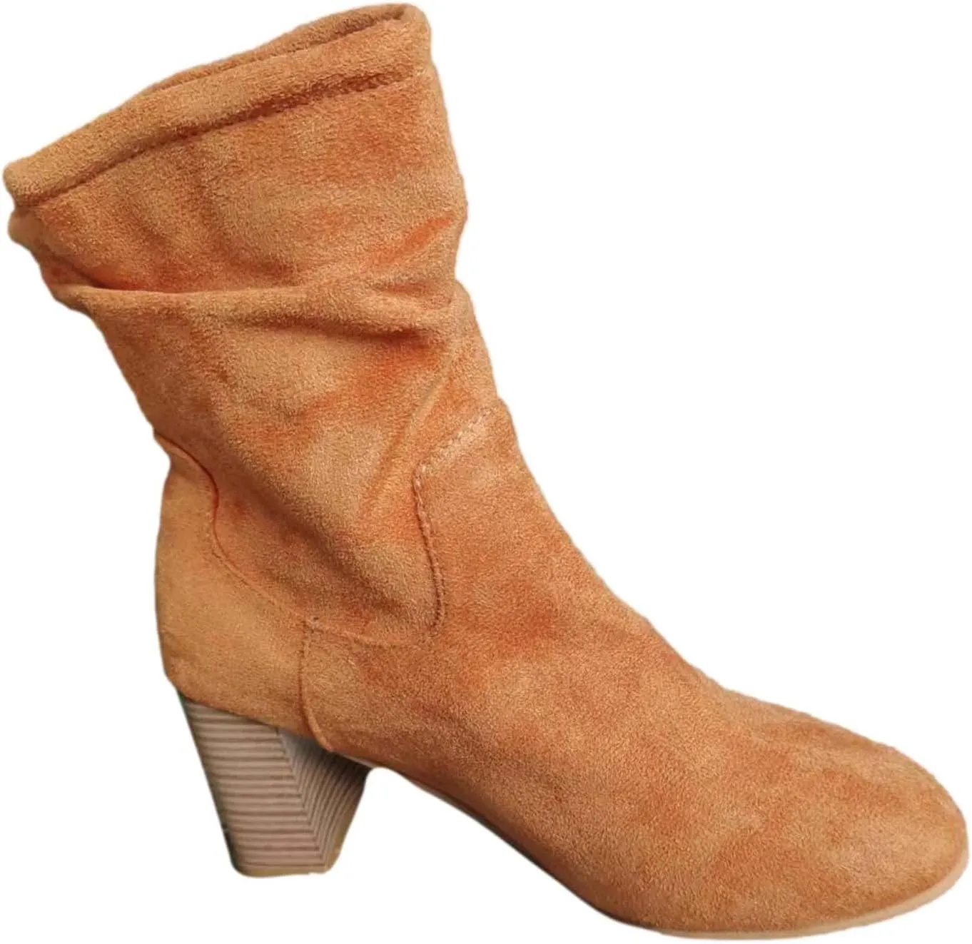 Mid Calf Boots for Women Chunky Heel Fashion Round Toe Slip on Sude Block High Heel Boots Solid Casual Comfy Ladies Stacked Heel Shoes