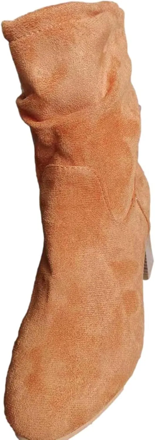 Mid Calf Boots for Women Chunky Heel Fashion Round Toe Slip on Sude Block High Heel Boots Solid Casual Comfy Ladies Stacked Heel Shoes