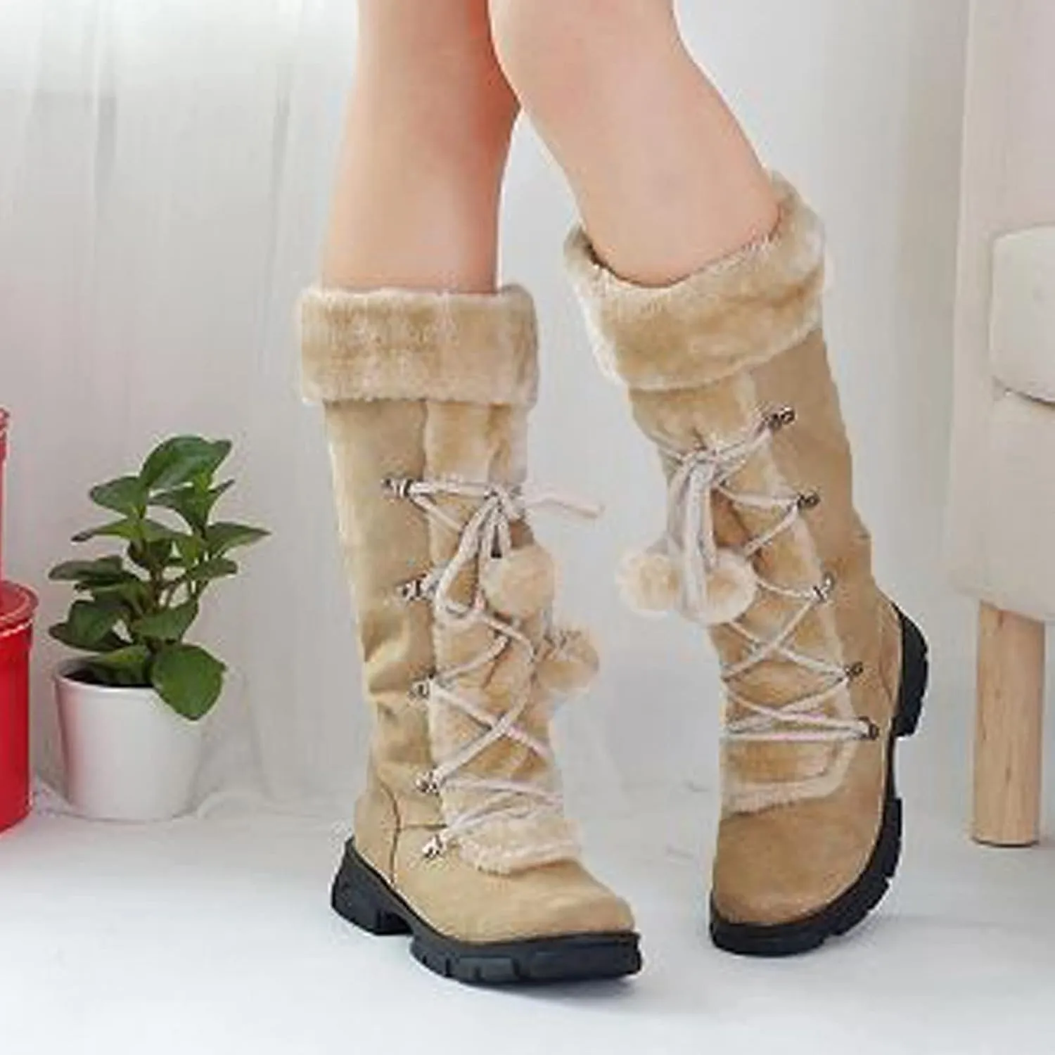 Snow Boots for Women, Mid Calf Warm Insulated Faux Fur Lined Waterproof Lace Up Snow Boots Warm Fur Lined Winter Water-Resistan Ankle Booties Zipper Anti-Slip Boots