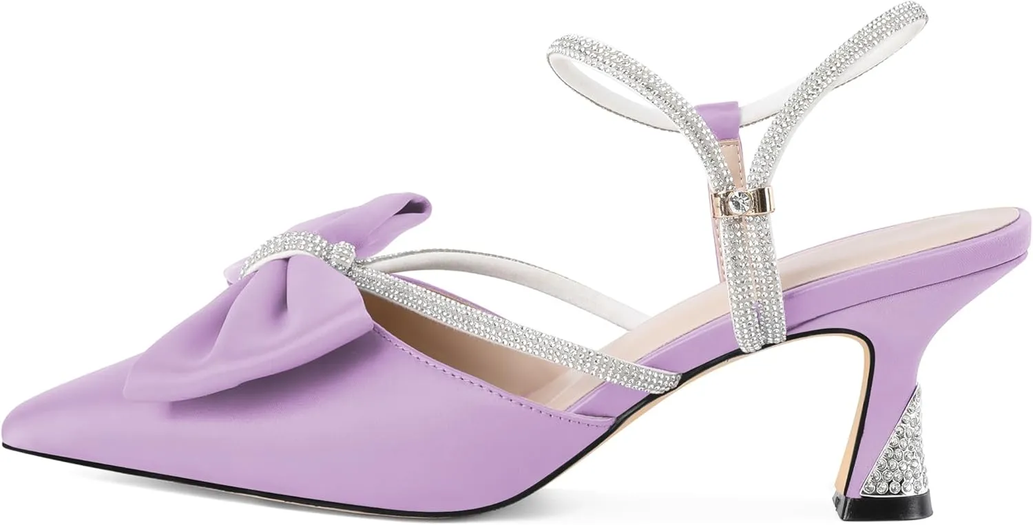 Soireelady Womens Rhinestone Bow Heels Low Kitten Heel Pumps Sparkly Slingback Ankle Strap Closed Pointed Toe Wedding Bridal Dress Shoes Satin 2.5 Inches