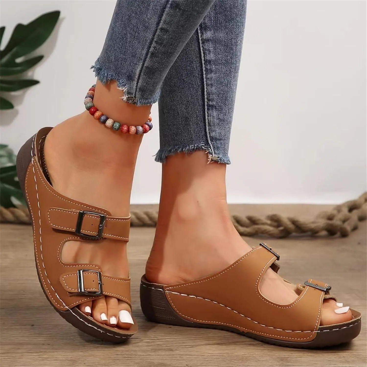Summer Casual Sandals for Women - Womens Pillow Slippers - Double Buckle Adjustable Slides - EVA Flat Sandals