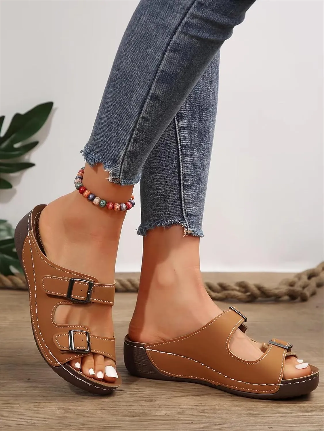 Summer Casual Sandals for Women - Womens Pillow Slippers - Double Buckle Adjustable Slides - EVA Flat Sandals