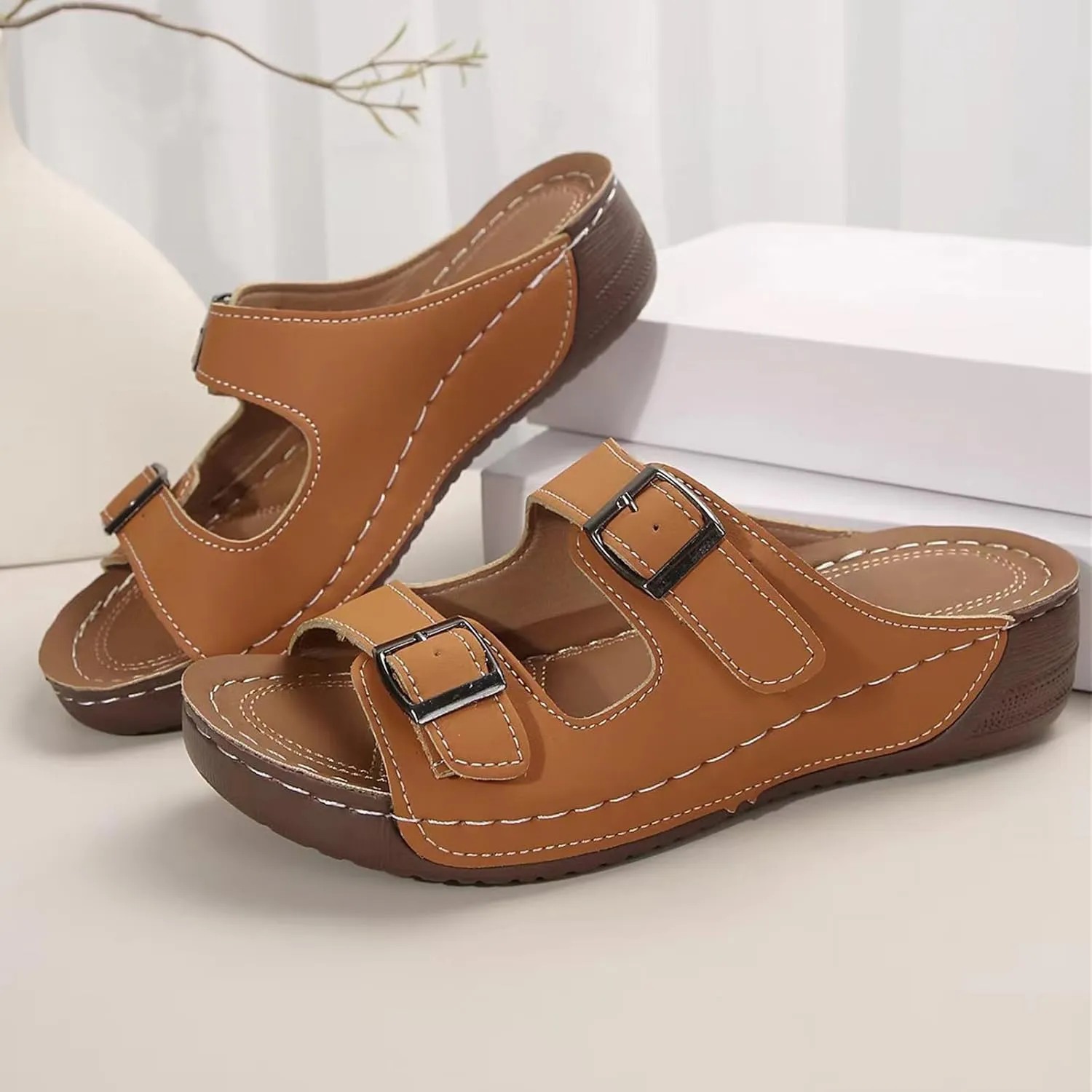 Summer Casual Sandals for Women - Womens Pillow Slippers - Double Buckle Adjustable Slides - EVA Flat Sandals
