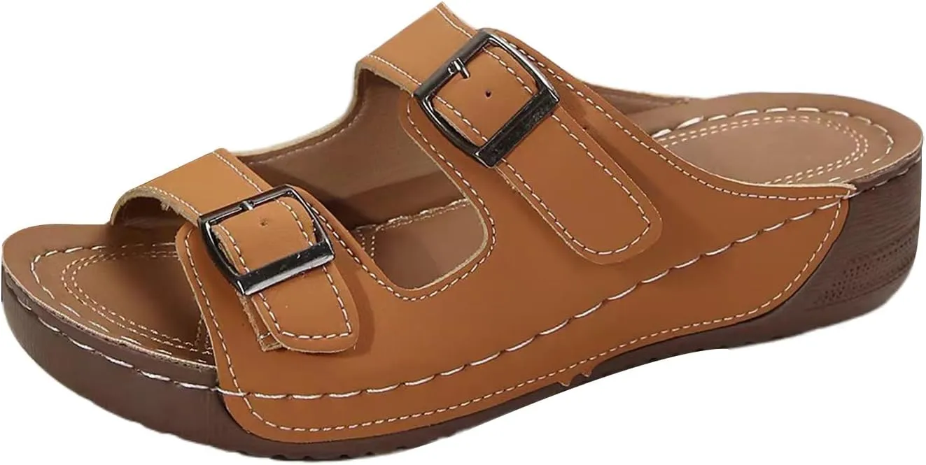 Summer Casual Sandals for Women - Womens Pillow Slippers - Double Buckle Adjustable Slides - EVA Flat Sandals