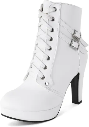 Susanny High Heel Boots for Women,Womens Platform Boot Heels Sexy Round Toe Lace UP High Heels Mid Calf Boots