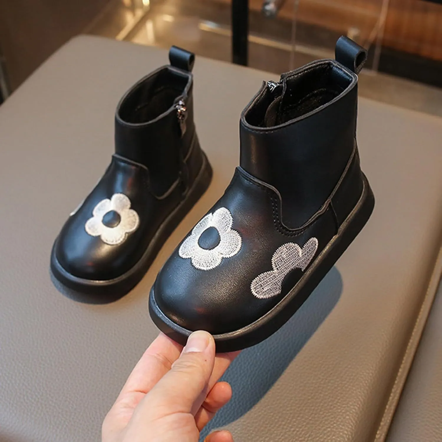 Toddler/Little Kid Girls Short Ankle Boots Flower Embroidery Side Zipper Dress Booties Casual Work Boots for Teen Girls
