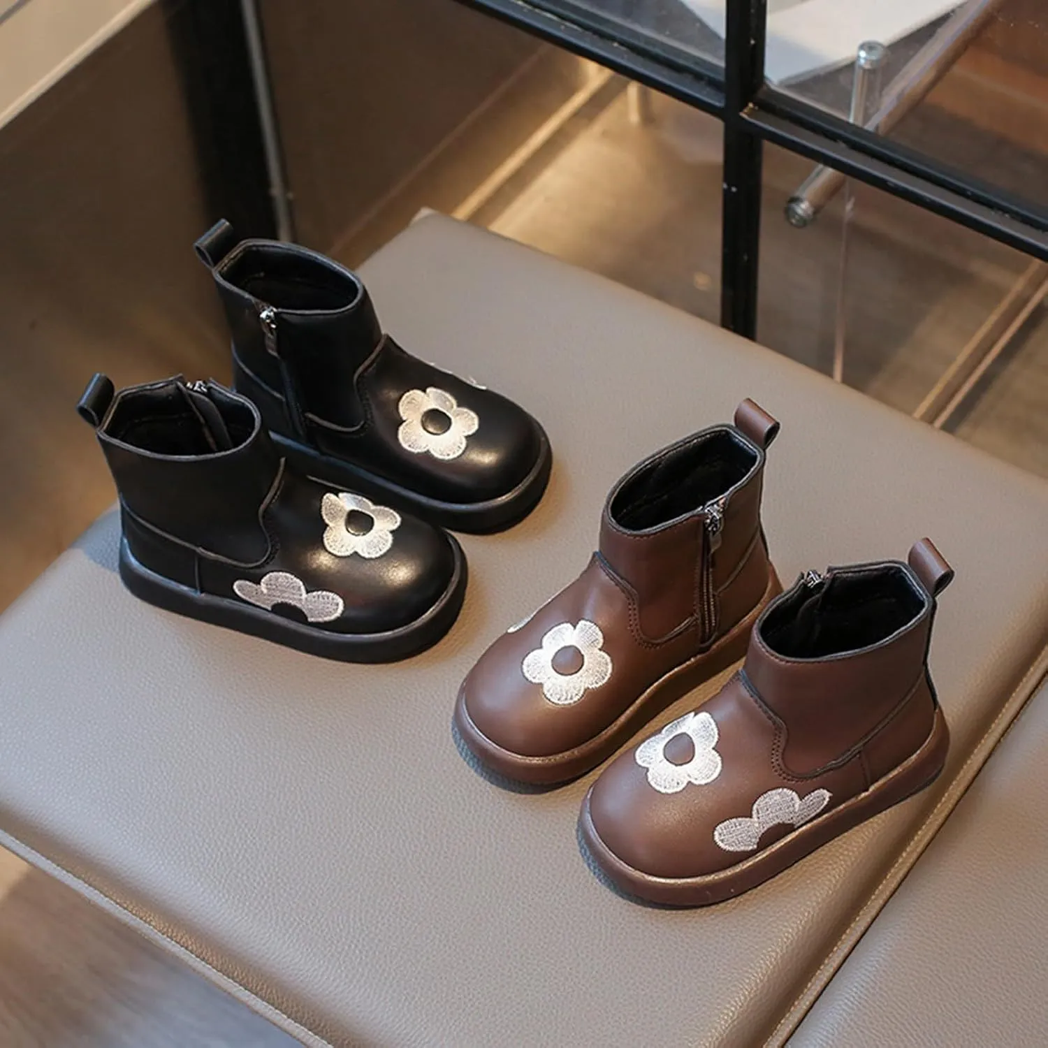 Toddler/Little Kid Girls Short Ankle Boots Flower Embroidery Side Zipper Dress Booties Casual Work Boots for Teen Girls