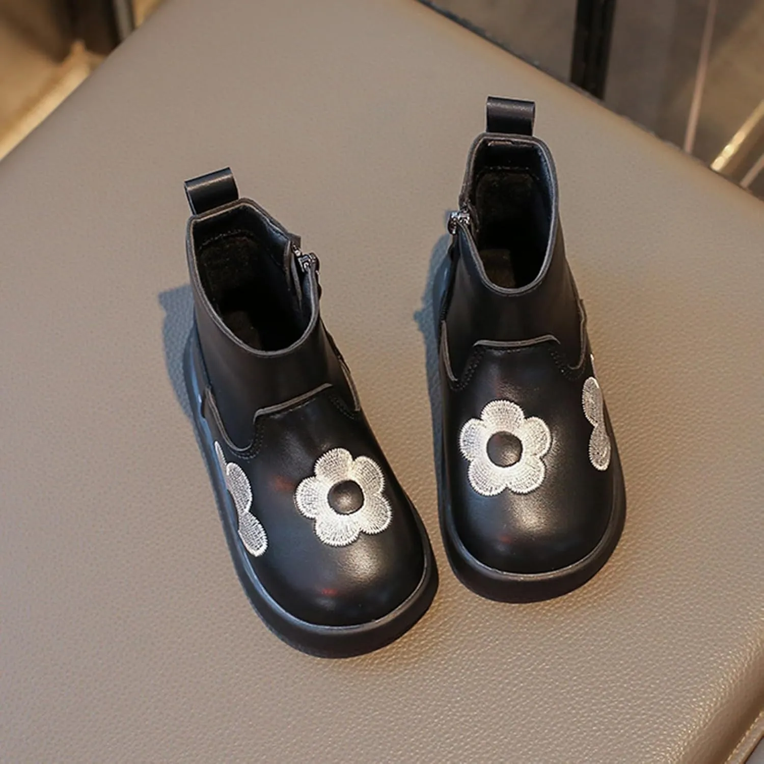 Toddler/Little Kid Girls Short Ankle Boots Flower Embroidery Side Zipper Dress Booties Casual Work Boots for Teen Girls