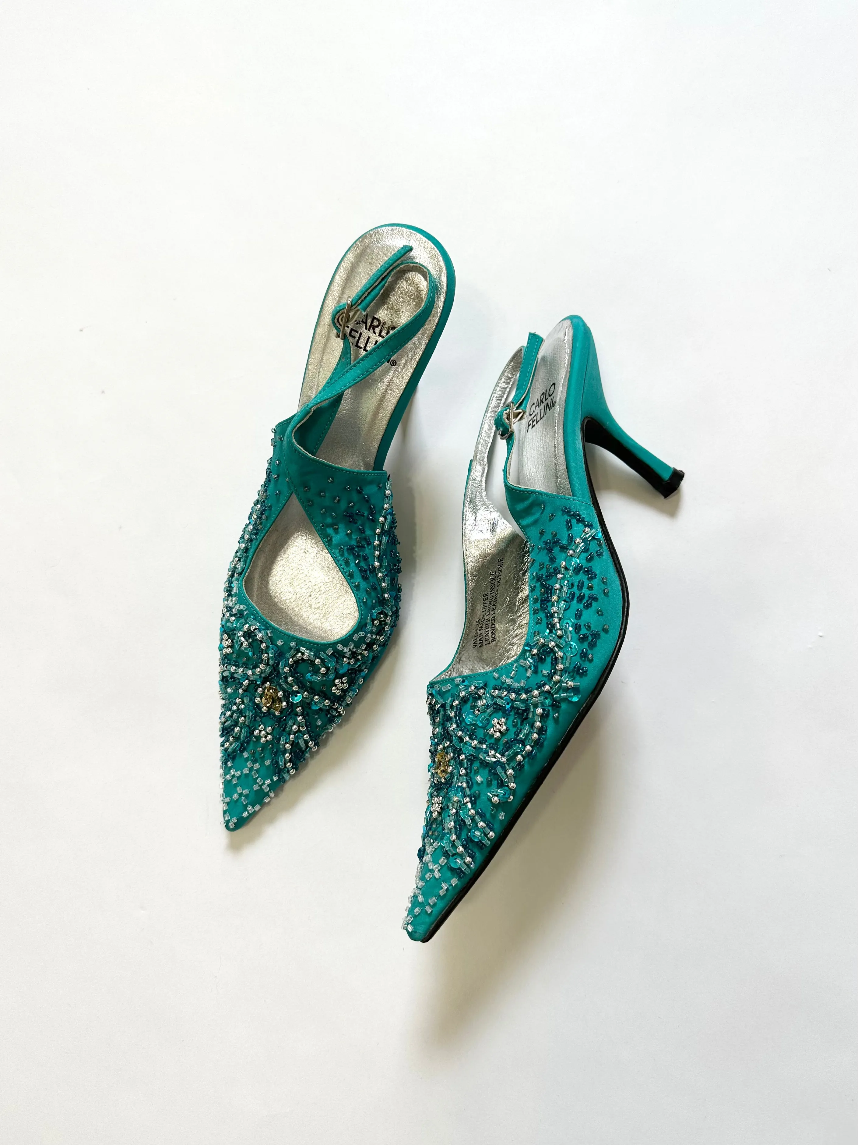 Vintage Turquoise Blue Beaded Slingback Mules (7.5)