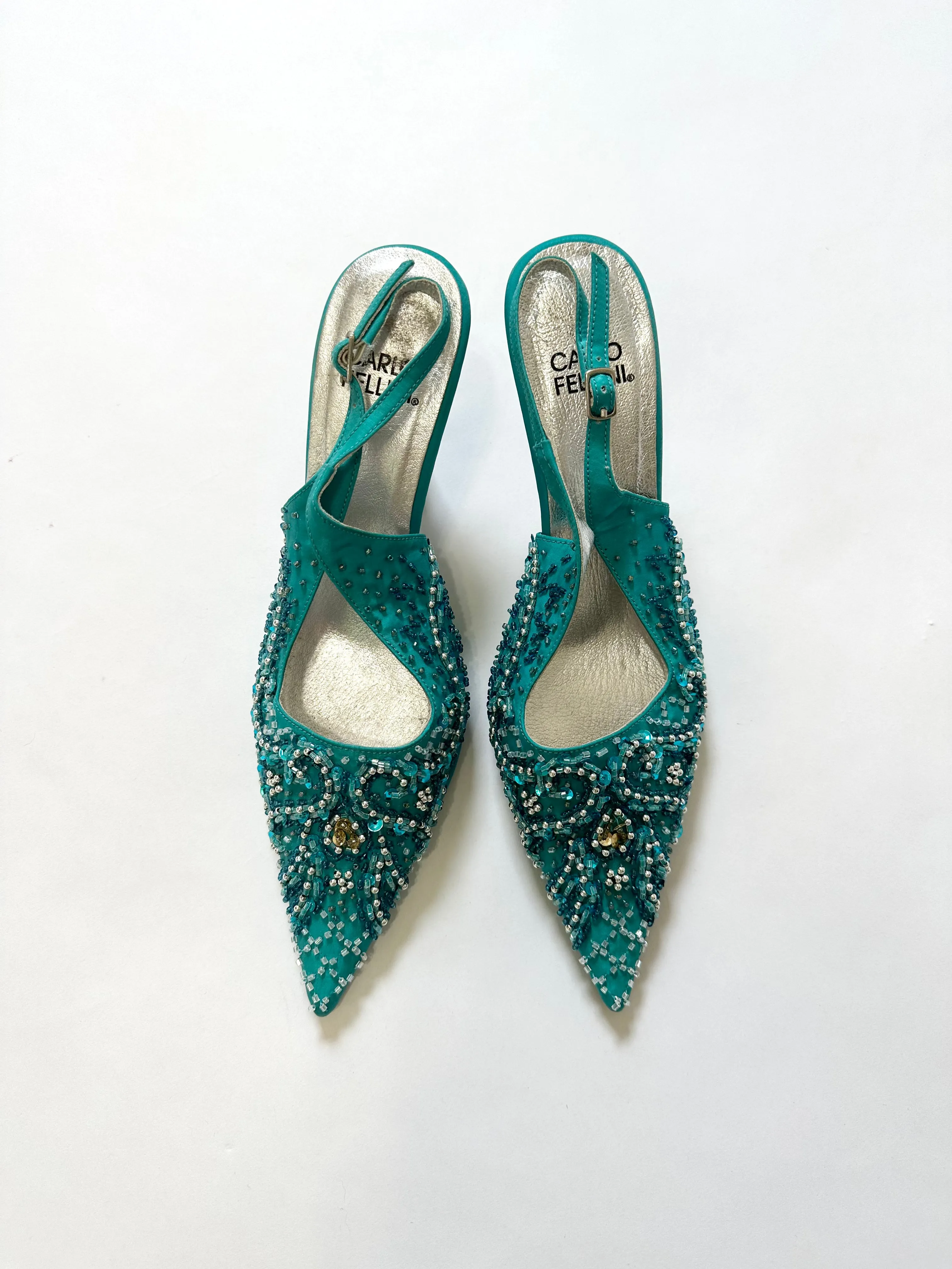 Vintage Turquoise Blue Beaded Slingback Mules (7.5)