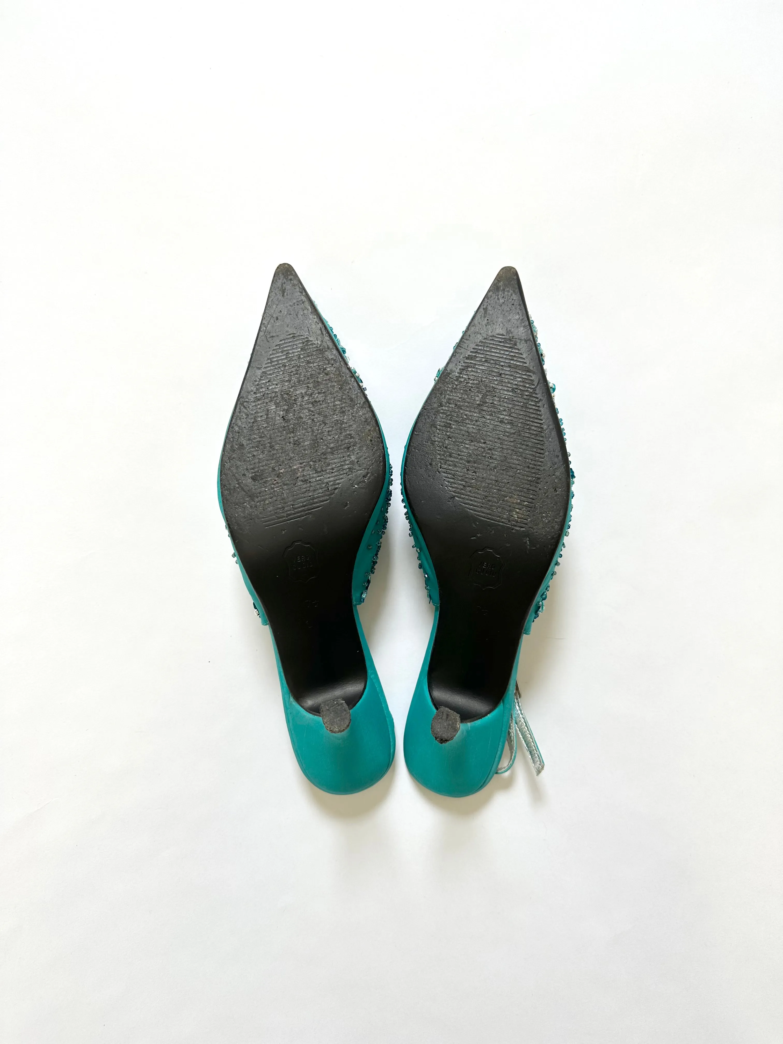 Vintage Turquoise Blue Beaded Slingback Mules (7.5)