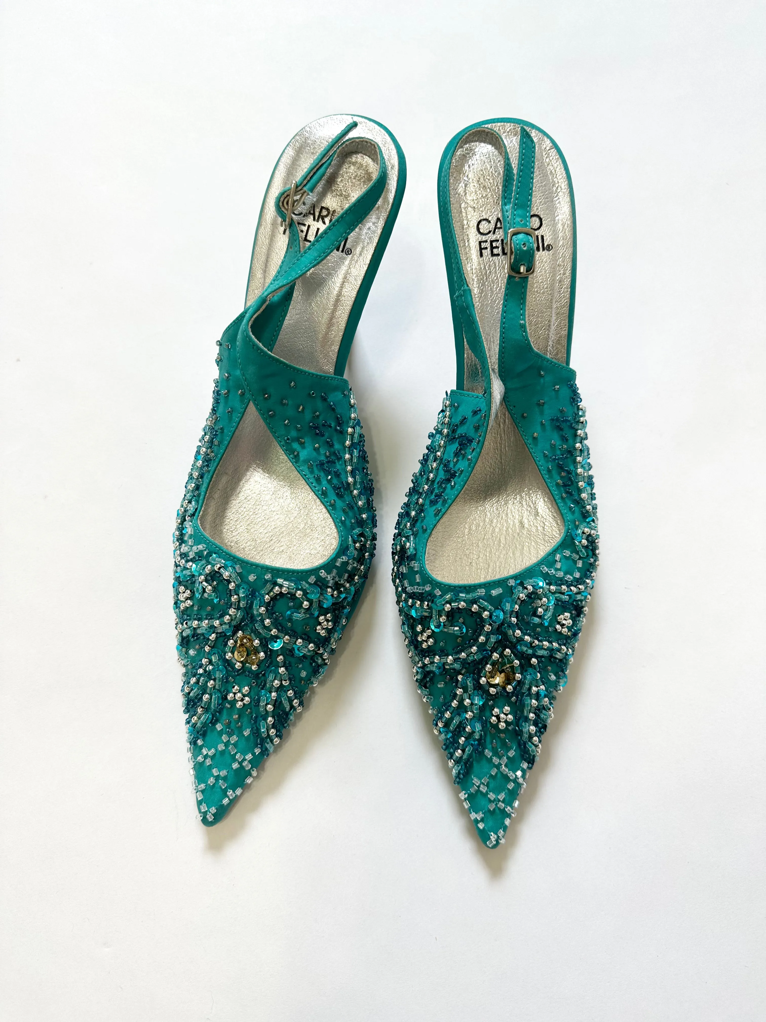 Vintage Turquoise Blue Beaded Slingback Mules (7.5)