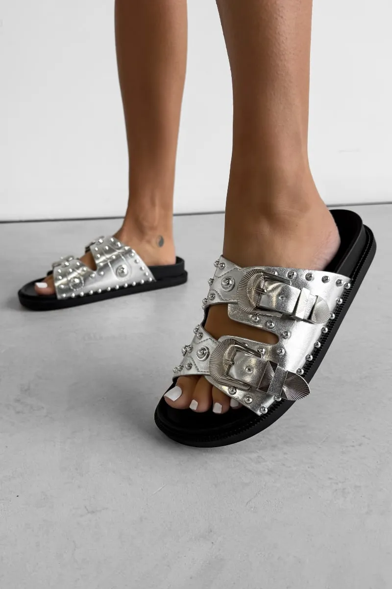 WILLOW Chunky Studded Western Buckle Sandals - Silver
