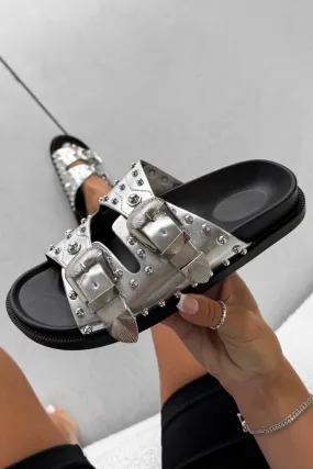WILLOW Chunky Studded Western Buckle Sandals - Silver