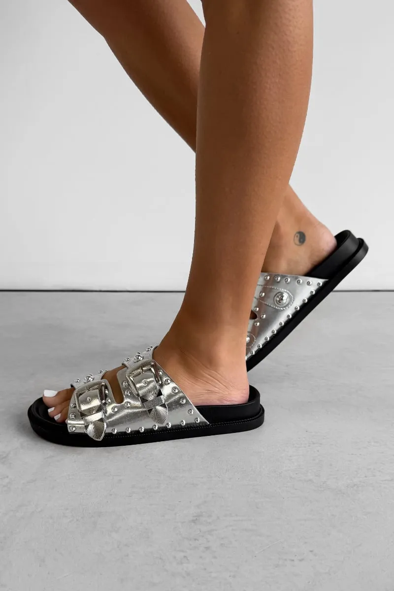 WILLOW Chunky Studded Western Buckle Sandals - Silver