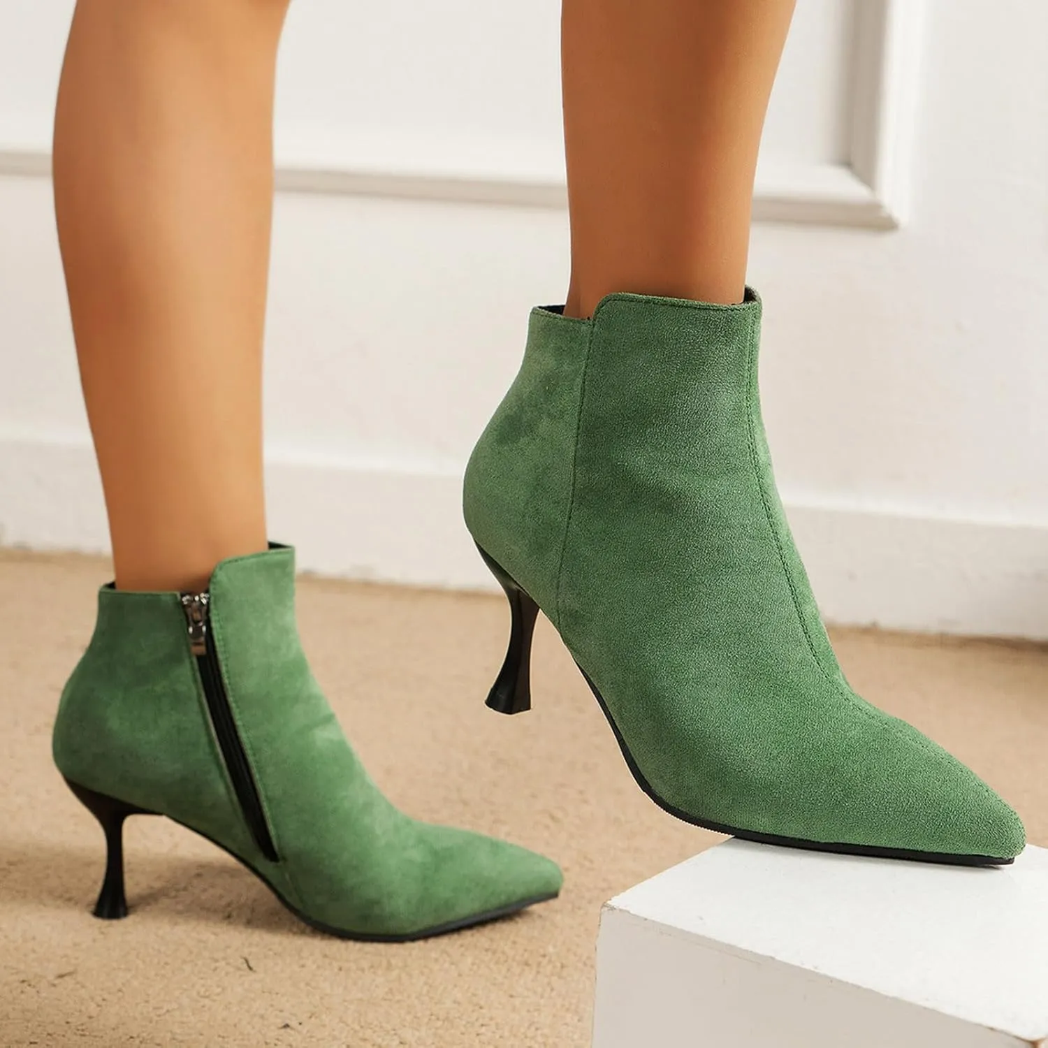 Womens Ankle Boots Womens Fall Boots Ladies Fashion Retro Suede Pointed Toe Side Zipper Slim Stiletto Heel Ankle Boot