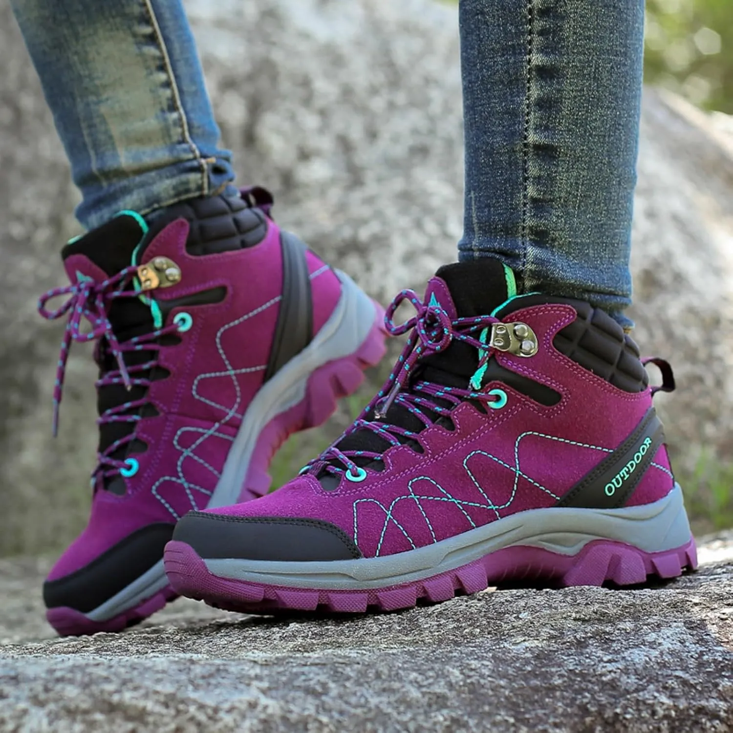 Womens Hiking Boots Outdoor Trekking Camping Trail Hiking Boots Lightweight Waterproof Lace Up Sneakers Comfy Daily Walking Work Shoes High Top Non Slip Memory Foam Sole Hiking Boots Women