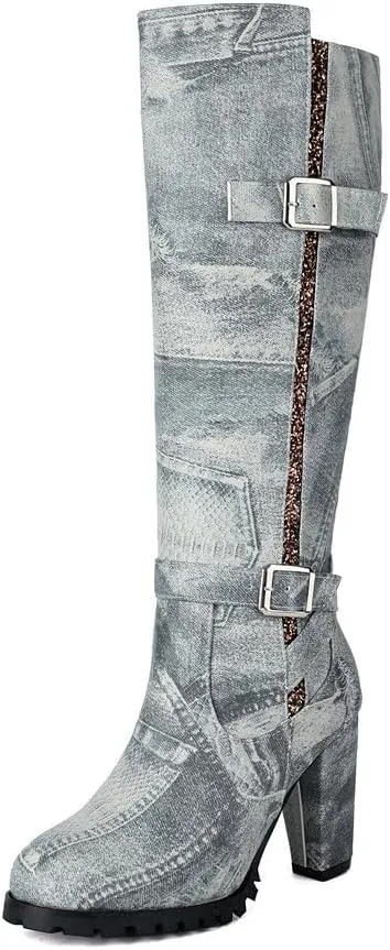 Womens Knee High Boots Round Toe Chunky High Heels Buckle Design Ladies Thigh High Booties