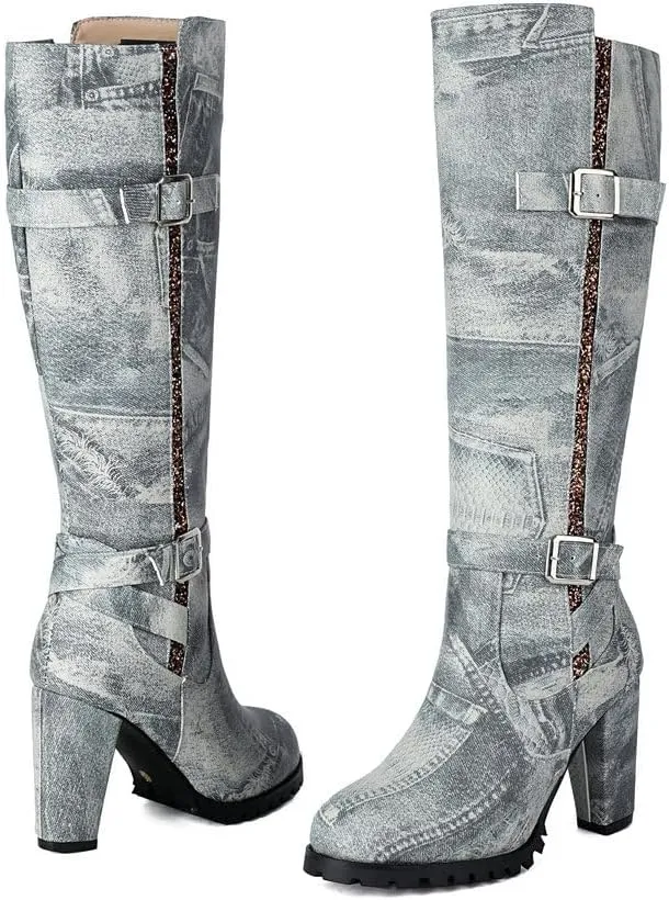 Womens Knee High Boots Round Toe Chunky High Heels Buckle Design Ladies Thigh High Booties