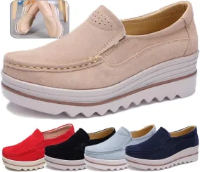 Women's Leather Platform Loafers Faux Suede Comfort Moccasins Comfortable Thick Soled Breathable LoafersWide Low Top Shoes Business Casual Walking Shoes
