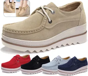 Women's Leather Platform Loafers Faux Suede Comfort Moccasins Comfortable Thick Soled Breathable LoafersWide Low Top Shoes Business Casual Walking Shoes
