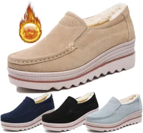 Women's Leather Platform Loafers Faux Suede Comfort Moccasins Comfortable Thick Soled Breathable LoafersWide Low Top Shoes Business Casual Walking Shoes