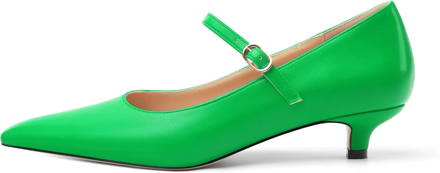 Women's Mary Jane Low Kitten Heels Pumps Pointed Toe Low Heels Slip On Adjuatable Strap Comfort Office Work Dress Shoes 1.4 Inch