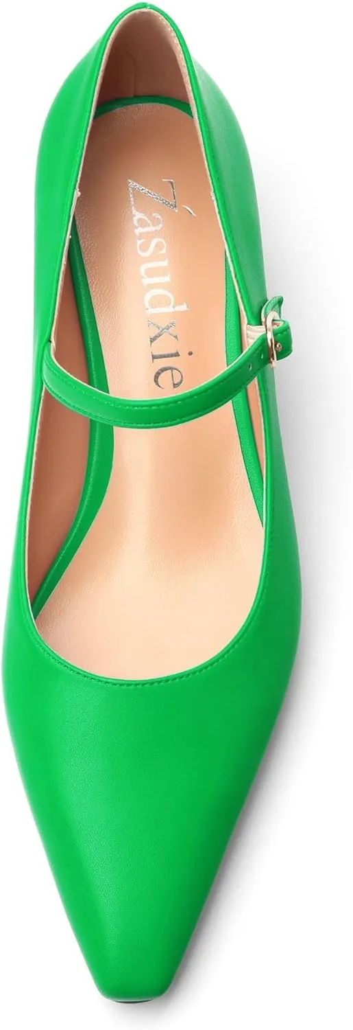 Women's Mary Jane Low Kitten Heels Pumps Pointed Toe Low Heels Slip On Adjuatable Strap Comfort Office Work Dress Shoes 1.4 Inch