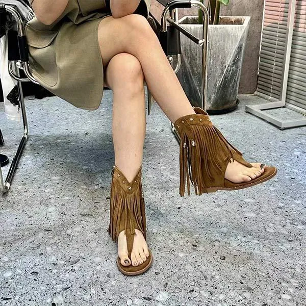 Women's Roman Fringe Thong Hidden Wedge Sandals 69569826C