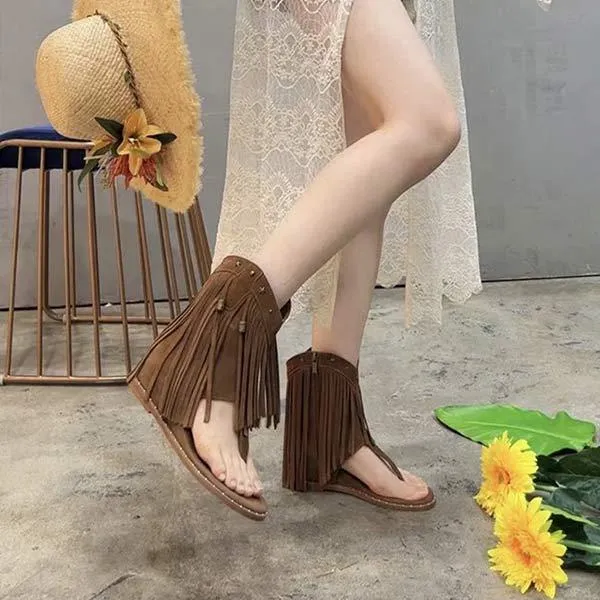 Women's Roman Fringe Thong Hidden Wedge Sandals 69569826C