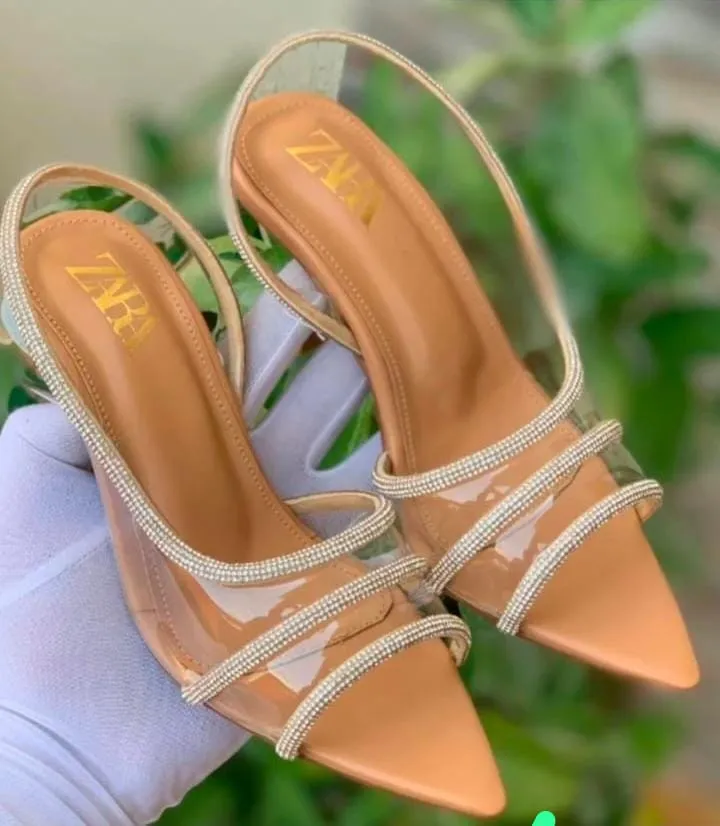 ZARA VINYL EMBELLISHED Diamante Heels - BEIGE