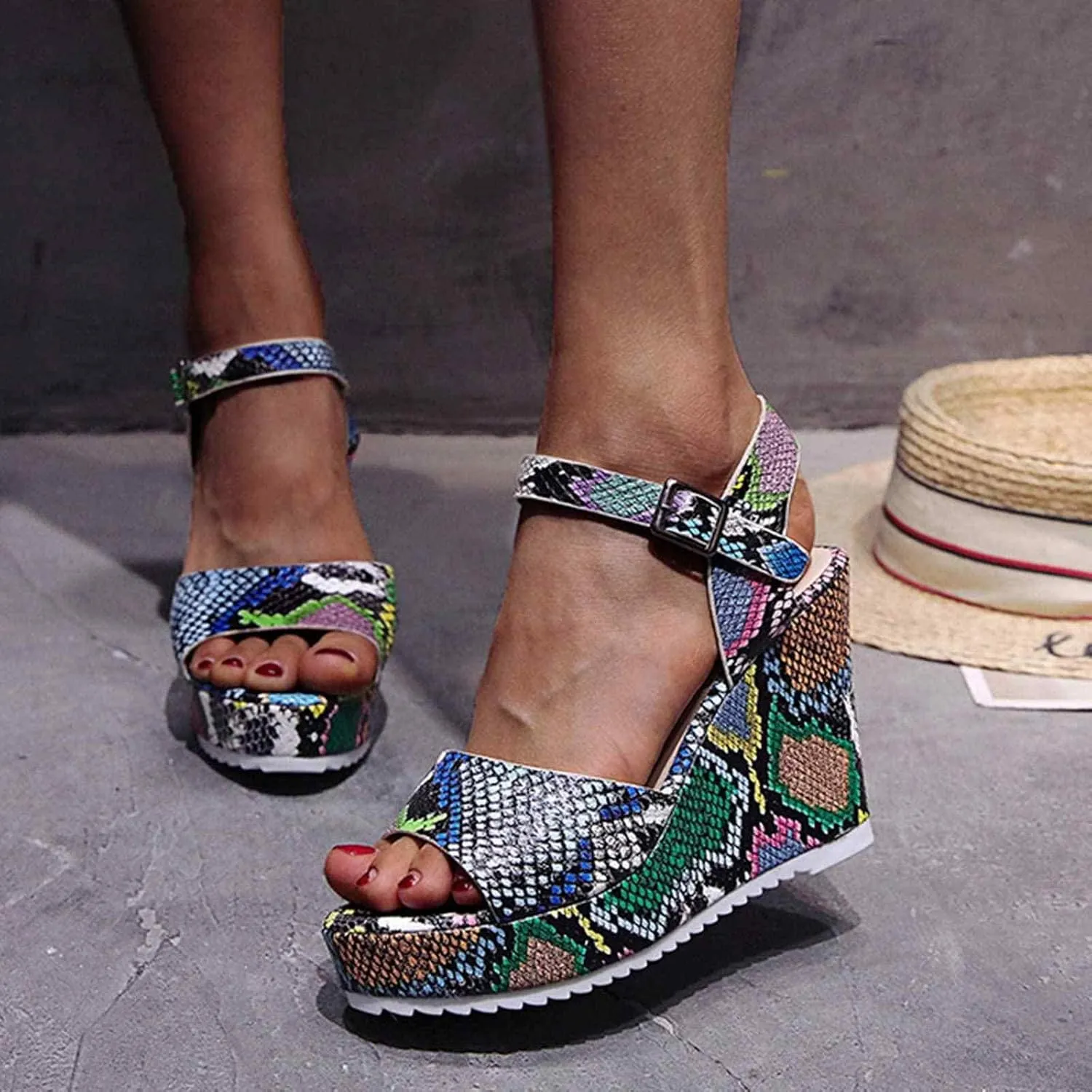 ZBYY Women Wedge Sandals,Summer Slip On Snakeskin Sandals Open Peep Toe Dress Pumps Platform Sandals with Ankle Strap