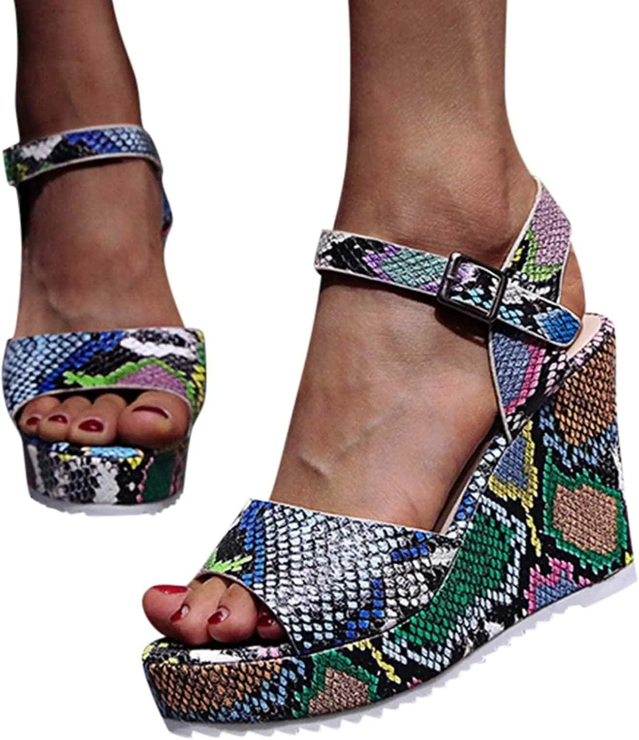 ZBYY Women Wedge Sandals,Summer Slip On Snakeskin Sandals Open Peep Toe Dress Pumps Platform Sandals with Ankle Strap