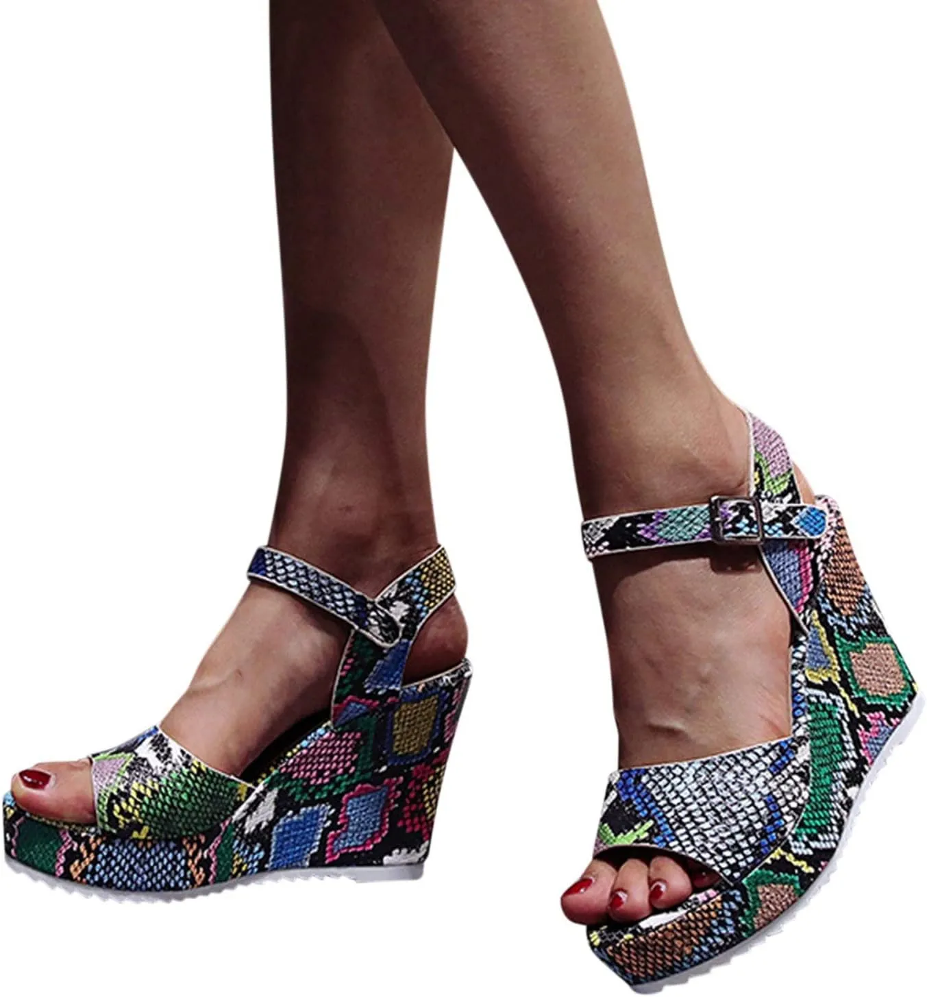 ZBYY Women Wedge Sandals,Summer Slip On Snakeskin Sandals Open Peep Toe Dress Pumps Platform Sandals with Ankle Strap