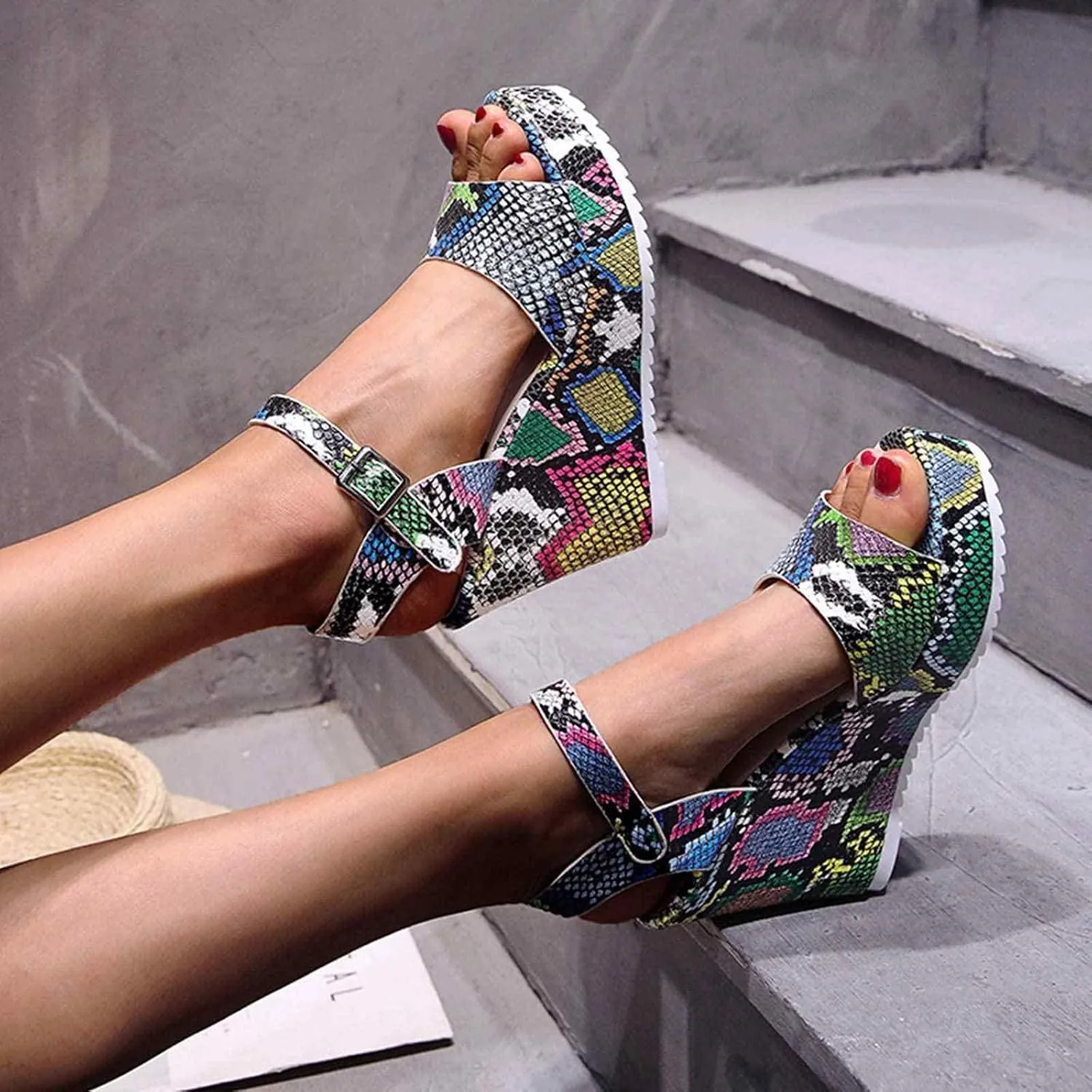 ZBYY Women Wedge Sandals,Summer Slip On Snakeskin Sandals Open Peep Toe Dress Pumps Platform Sandals with Ankle Strap