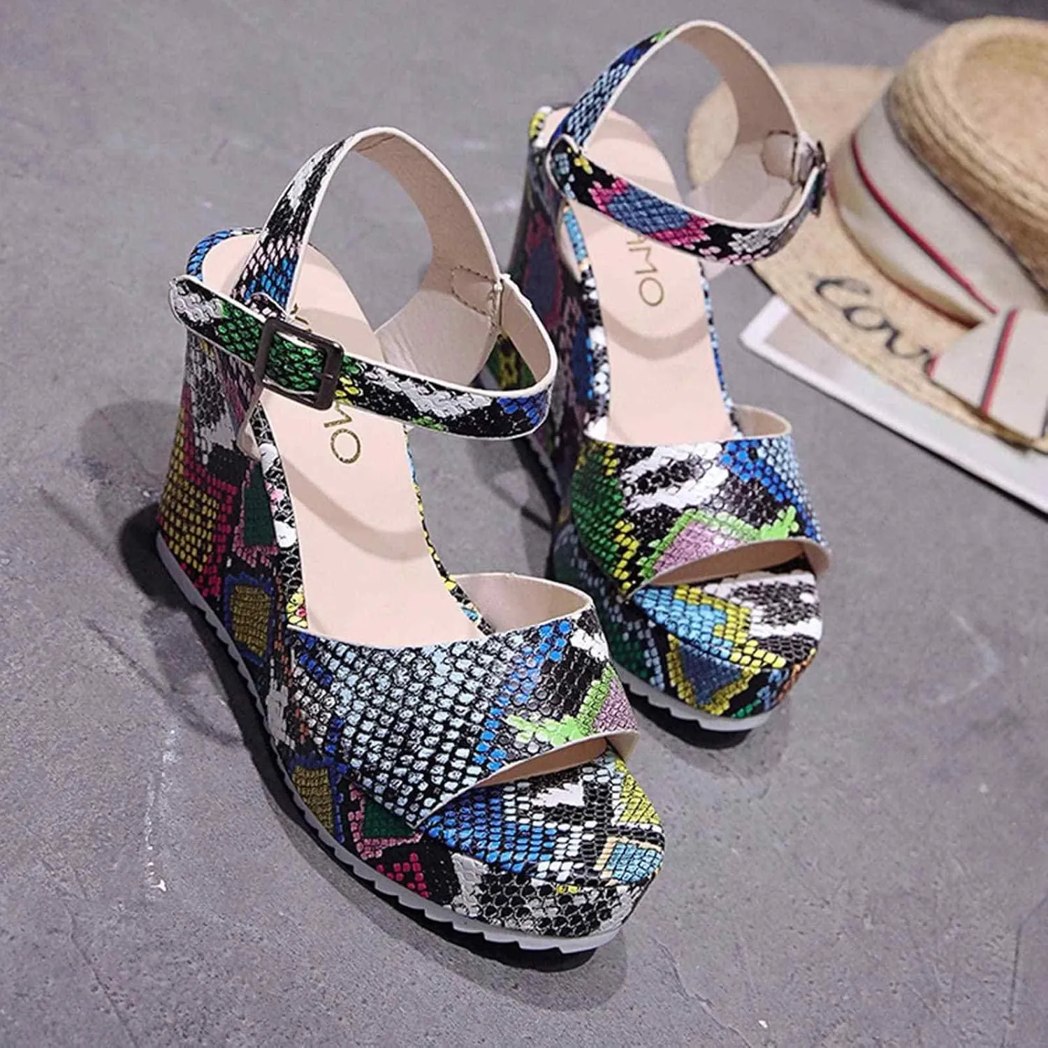 ZBYY Women Wedge Sandals,Summer Slip On Snakeskin Sandals Open Peep Toe Dress Pumps Platform Sandals with Ankle Strap